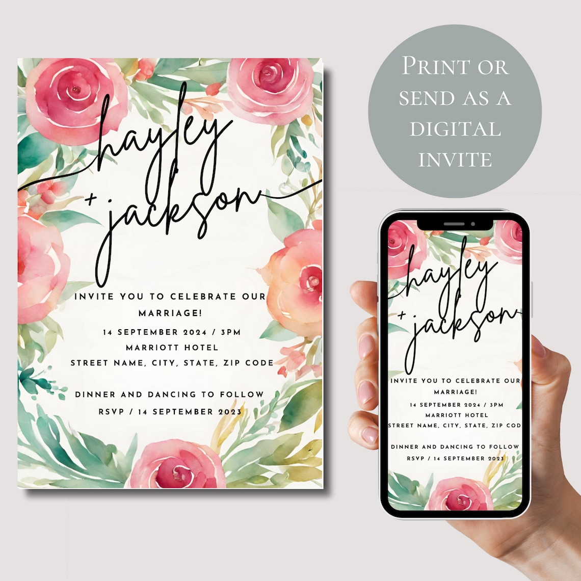Watercolor Flowers Wedding Template, Floral Wedding Invite Set, Garden ...