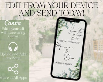 Elegant Greenery Save the Date Video, Editable Canva Wedding Announcement, Digital Invitation for Tex or Email, Animated Template