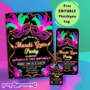 Uitnodiging Mardi Gras-feestje | Verjaardagsuitnodiging maskerade | Bewerkbare canvassjabloon | Afdrukbaar ontwerp + gratis bedankkaartje