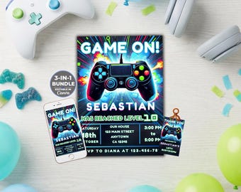 May include: A video game themed birthday invitation set featuring a black game controller graphic, neon light effects, and the text "GAME ON! SEBASTIAN HAS REACHED LEVEL 10". The bundle includes a large invitation, a smartphone display, and a thank you tag.