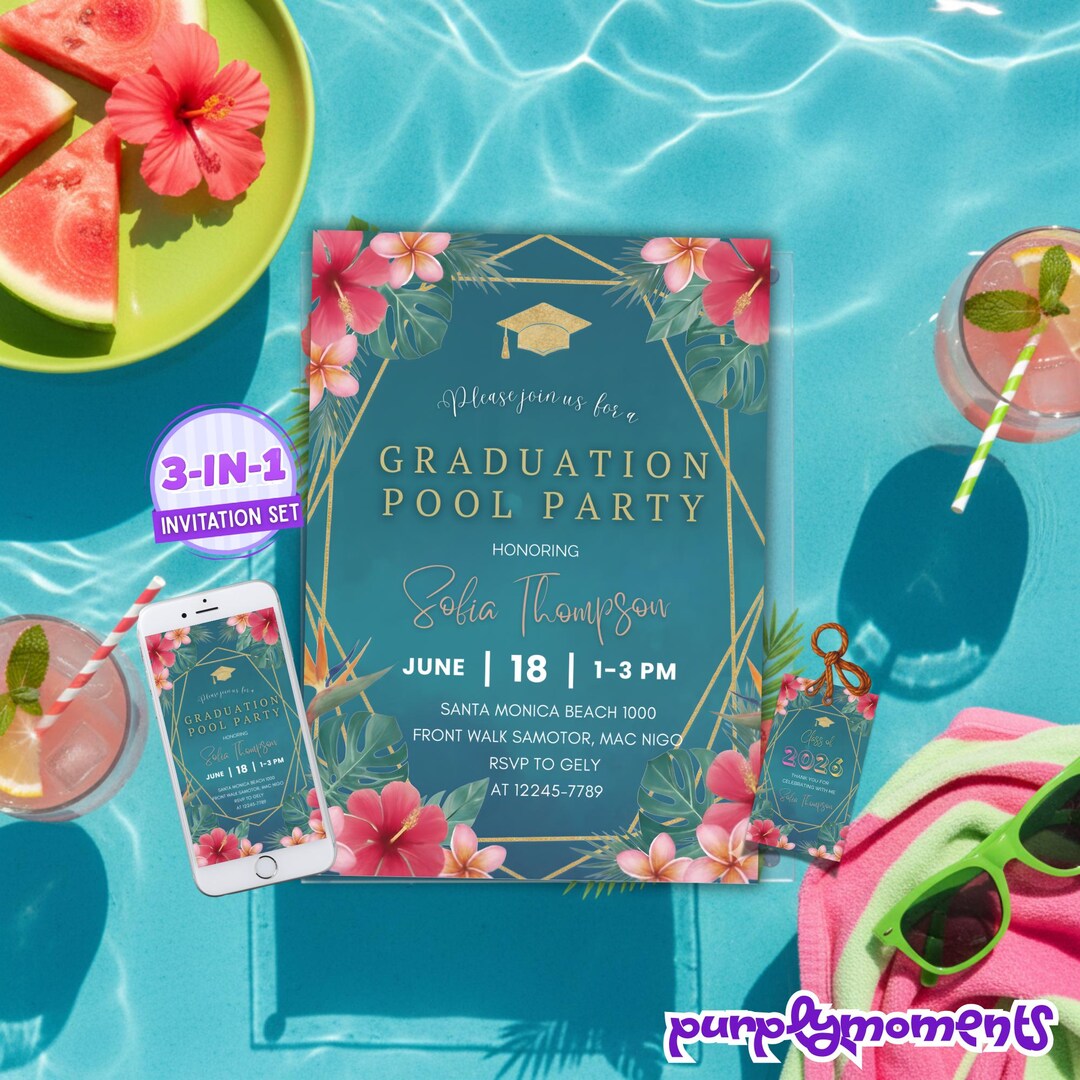Tropical Hibiscus Graduation Pool Party Invitation Set Editable Teal ...
