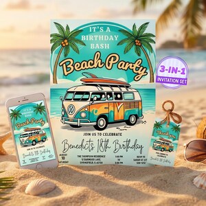 Può includere: Un set di inviti per una festa di compleanno a tema spiaggia con un furgone VW vintage, palme e la scritta "Beach Party". Il set include un display per telefono, un invito e un'etichetta regalo. L'invito è per il 18° compleanno di Benedict.
