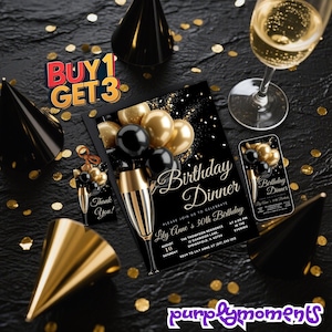 Elegante plantilla de invitación para cena de cumpleaños en negro y dorado: invitación editable para fiesta / descarga digital / compra 1 y llévate 3 / celebración del 30.º aniversario
