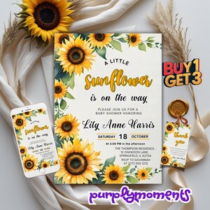 Modelo de convite para chá de bebê com tema de girassol, editável, floral, download digital, cartões para impressão com tema de girassol rústico