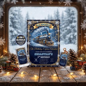 May include: A navy blue birthday invitation card featuring a steam train, gold scrollwork, and snowflake accents. The text reads ALL ABOARD! The Birthday Express Adventure, Sebastian's 5th Birthday, August 10, The Harris Residence, 1:00 PM to 5:00 PM.