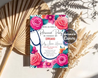 Puede incluir: Una invitación rectangular para una fiesta de jubilación de una enfermera llamada Lily Anne Harris, con rosas rosas y rojas, hojas verde azulado y un estetoscopio azul oscuro. El texto incluye detalles del evento y una insignia de Canva.