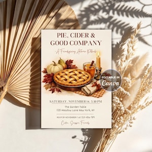 May include: A rectangular invitation card featuring the text PIE, CIDER & GOOD COMPANY, A Friendsgiving Autumn Potluck, and event details. The design includes a lattice-top pie, a pear, autumn leaves, a glass of cider, and a lit candle.