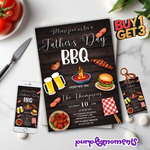 Plantilla de invitación para barbacoa del Día del Padre - Descarga digital editable - Diseño rústico para fiesta de parrilla - Personalización instantánea - Compra 1 y llévate 3