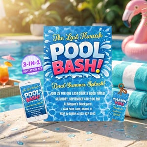 Puede incluir: Un set de invitación para fiesta en la piscina 3 en 1 que incluye un folleto con temática de agua azul, un teléfono inteligente que muestra la invitación y una etiqueta de agradecimiento. El texto dice The Last Hurrah POOL BASH!