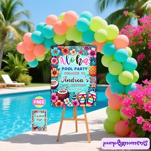 Aloha Tropical Pool Party Welcome Sign Editable Luau Birthday Decorations Girls Summer Beach Party Poster Digital Download