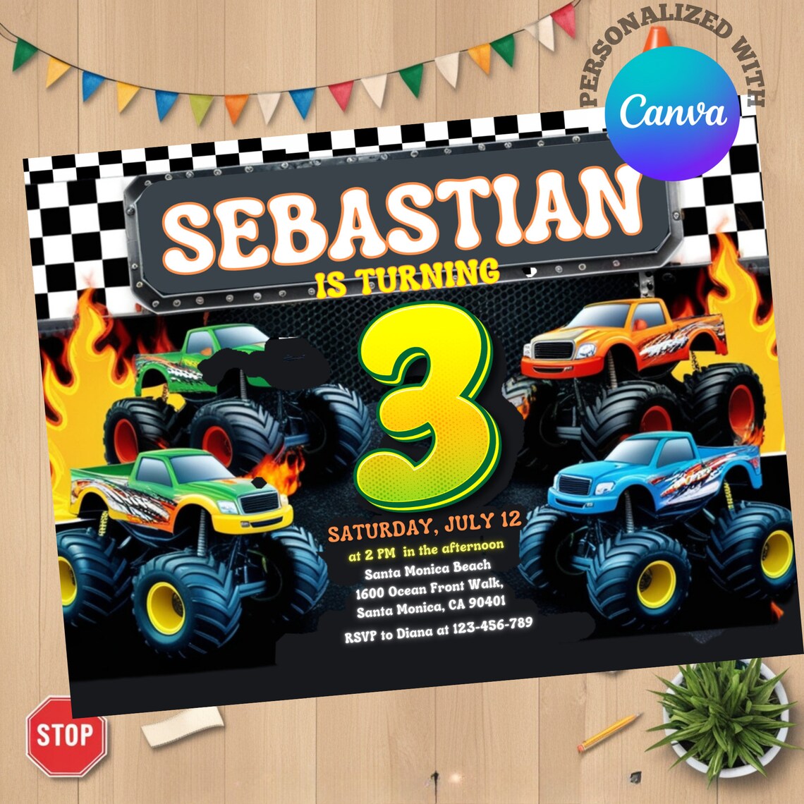 Monster Truck Birthday Invitation, Monster Truck Party Invite, Monster ...