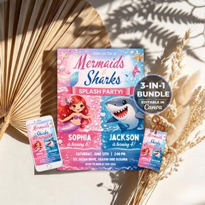 Mermaid and Shark Sibling Birthday Invitation Boy Girl Joint Party 3 in 1 Canva Template Thank You Tag Instant Download