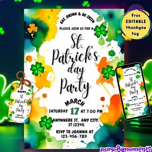 Uitnodiging voor St. Patrick's Day-feestje | Bewerkbare canvassjabloon | Klaverontwerp | Uitnodiging afdrukbaar + mobiel en gratis bedankkaartje
