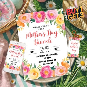 Invitación editable para brunch por el Día de la Madre: tema floral de primavera. Compre 1 y obtenga 3. Descarga digital. Diseño elegante para el evento del Día de la Madre