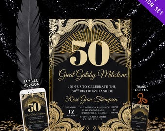 Invitación de cumpleaños de El Gran Gatsby, temática Art Déco de los locos años 20, negra y dorada, editable digitalmente, para adultos, para fiestas de 20, 40 y 50 años