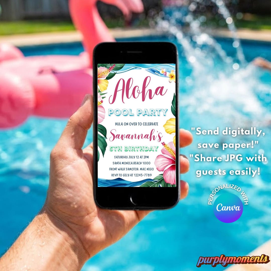 Floating Invite Aloha Pool Party Birthday Invitation Digital Download Canva Template ...