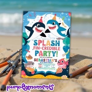 Convite para festa de aniversário de tubarão - Splash Fin-Credible Theme | Modelo de festa oceânica editável | Convite infantil para impressão | Download instantâneo