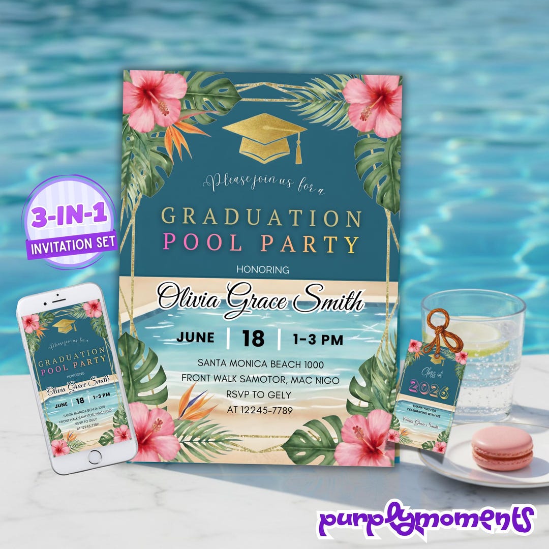 Tropical Graduation Pool Party Invitation Set Editable Template Grad ...