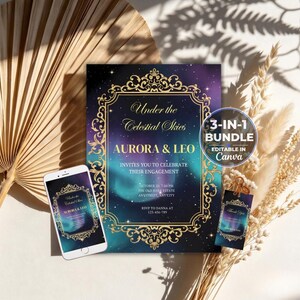 May include: A rectangular engagement invitation, a smartphone, and a small tag featuring a purple and teal nebula background with gold filigree borders. The text reads Under the Celestial Skies, Aurora & Leo, Invites you to celebrate their engagement, and 3-in-1 bundle editable in Canva.