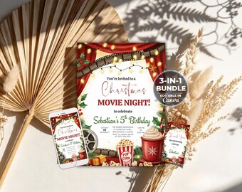 Puede incluir: Un paquete de 3 invitaciones digitales para una fiesta de cumpleaños de noche de cine navideña. El diseño presenta cortinas rojas, tiras de película, luces de cadena, palomitas de maíz y una taza de chocolate caliente.