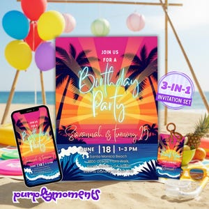 May include: A 3-in-1 invitation set for a birthday party. The design features a sunset scene with palm trees, waves, and the text "Join us for a Birthday Party". Includes a phone mockup and thank you card.