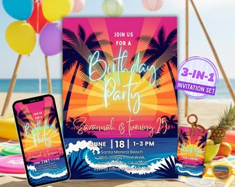 Tropical Sunset Birthday Party Invitation Set (Digital Printable)