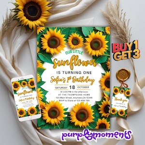 Sunflower Birthday Invitation Editable Template First Birthday Party Digital Download Sunflower Theme Invite Girls Birthday Printable