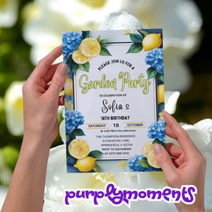 Convite de aniversário para festa no jardim, tema floral e limão, design personalizado para impressão, festa de aniversário infantil, download digital, convite personalizado