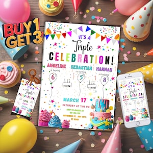 Triple Birthday Invitation Template: Colorful Cupcake Theme (Digital Download)