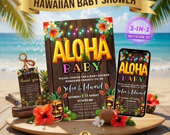 Plantilla de Canva para invitación de baby shower hawaiano Aloha Baby Paquete 3 en 1 Invitación editable e imprimible Descarga instantánea