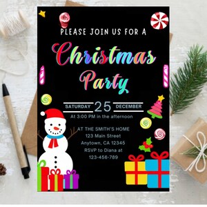 Editable Neon Christmas Party Invitation Template Digital Glow Neon ...