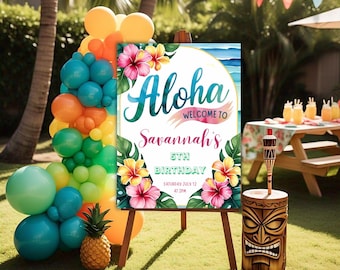 Luau Birthday Welcome Sign Editable Canva Template, Aloha Hawaiian Tropical Party Decor, Printable Poster, Instant Download