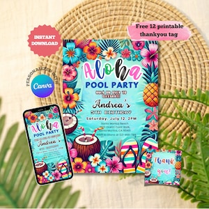Uitnodiging voor Aloha Pool Party - bewerkbare canva-sjabloon, tropisch luau-thema, instant download + gratis afdrukbare bedankkaartjes