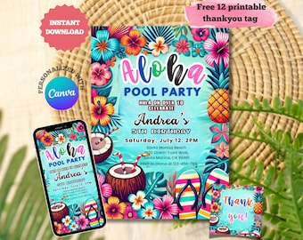 Uitnodiging voor Aloha Pool Party: tropische Luau-canvasjabloon (digitale download)