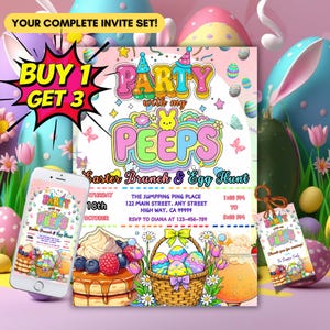 Peeps-pasen-uitnodiging | Bewerkbare canvassjabloon | Digitale en afdrukbare uitnodiging brunch en eieren zoeken | Koop 1 krijgt 3 set