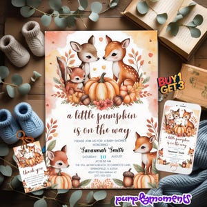 Woodland Baby Shower Invitation Little Pumpkin Fall Theme Printable Template Forest Animals Gender Neutral Baby Shower Card Custom PDFDesign