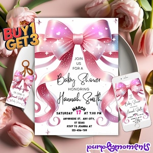 Rosa Schleifen-Babyparty-Einladungs-Bundle - Bearbeitbare Canva-Vorlage | Enthält 5x7 einladen, Telefon einladen & Favor Tags | Sofort Download