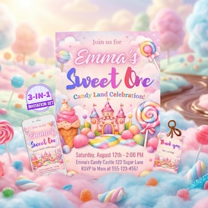 Puede incluir: Un set de invitación 3 en 1 con un diseño temático de dulces que incluye un castillo, un helado y piruletas. El texto dice: Join us for Emma's Sweet One Candy Land Celebration! Saturday, August 12th - 2:00 PM, Emma's Candy Castle 123 Sugar Lane, RSVP to Mom at 555-123-4567.