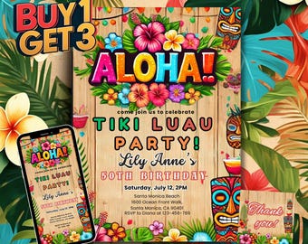 Uitnodiging voor Tiki Luau-feestje: Aloha Hawaiian Birthday (canvasjabloon)