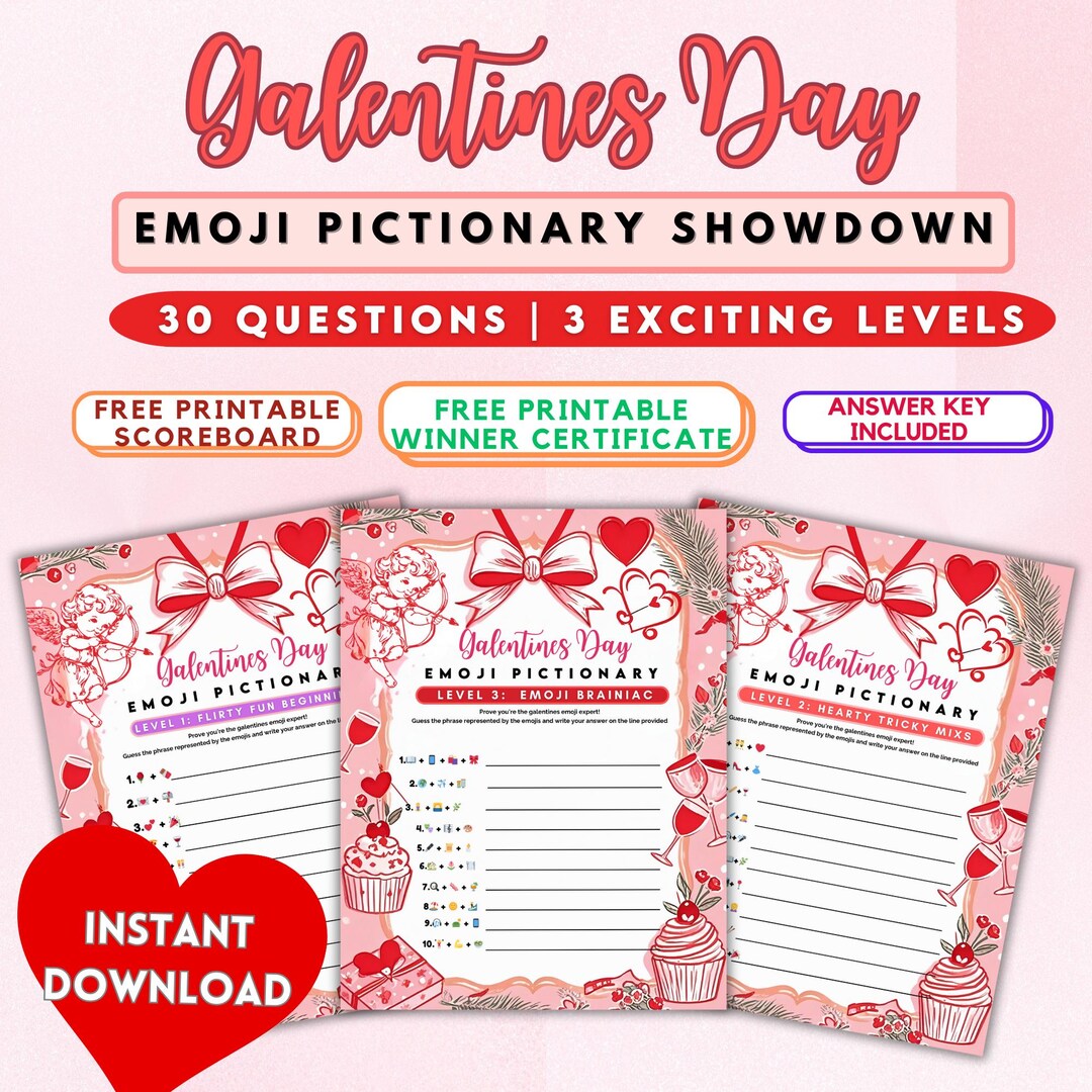 Galentines Day Emoji Pictionary Game | 30 Fun Questions, 3 Levels