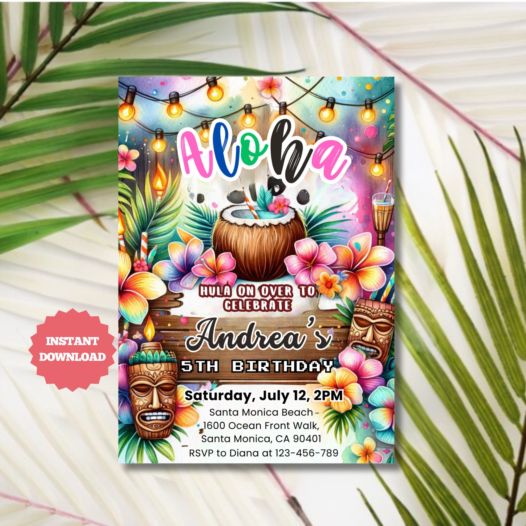 Editable Hawaiian Birthday Party Invitation Aloha Birthday Invitation ...