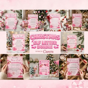 Puede incluir: Un paquete de cartas de elfo navideño con varios documentos imprimibles en tonos rosa, que incluyen una advertencia oficial, alerta de recuperación, boleta de calificaciones, reglas, carta de bienvenida, certificado y aviso de vigilancia.