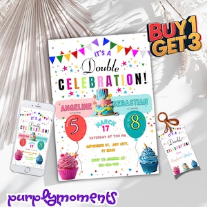 Gezamenlijke verjaardagsuitnodiging voor feest, verjaardagsfeestje broer of zus, dubbele verjaardagsuitnodiging, deelnemen aan verjaardagsfeestje uitnodigen bewerkbare canva-sjabloon