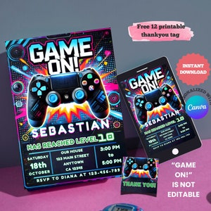 Verjaardagsuitnodiging videogame: bewerkbare sjabloon | Thema gamingfeest | Afdrukbaar + gratis bedankkaartjes | Direct downloaden