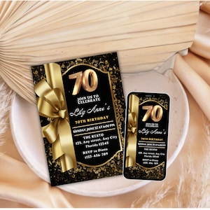 Faire-parts 70e anniversaire noir et or pour fête, paillettes dorées Evite, modèle de texte modifiable pour tout âge, toute occasion