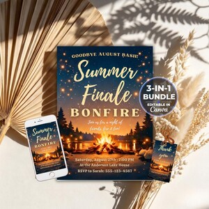Peut inclure: Un ensemble d'invitations numériques sur le thème Summer Finale Bonfire avec un ciel nocturne sombre, un feu de camp lumineux et une silhouette de forêt. Le design inclut du texte, un écran de smartphone et une étiquette de remerciement, le tout en 3-en-1.