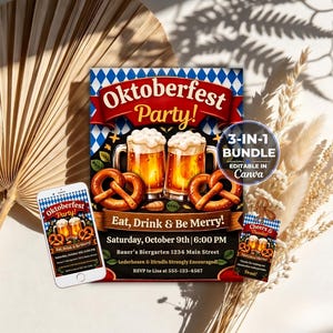Peut inclure: Un ensemble d'invitations pour une fête de l'Oktoberfest avec un motif à losanges bleu et blanc, deux chopes de bière et des bretzels. Le texte indique Oktoberfest Party!, Eat, Drink & Be Merry!, Saturday, October 9th, 6:00 PM, 3-IN-1 BUNDLE.