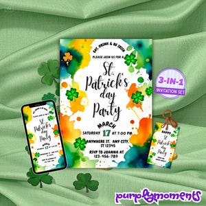 St Patricks Day Party Invitation Template Watercolor Shamrock Invite Green Gold Orange Irish Birthday Digital Download