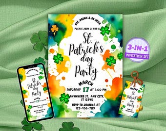 St Patricks Day Party Invitation Template Watercolor Shamrock Invite Green Gold Orange Irish Birthday Digital Download
