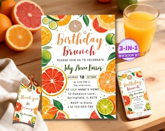 Sjabloon verjaardagsbrunch uitnodiging, citrusbrunch verjaardagsfeestje uitnodigen canva, bewerkbare mimosa brunch uitnodigen, afdrukbare damesbrunch